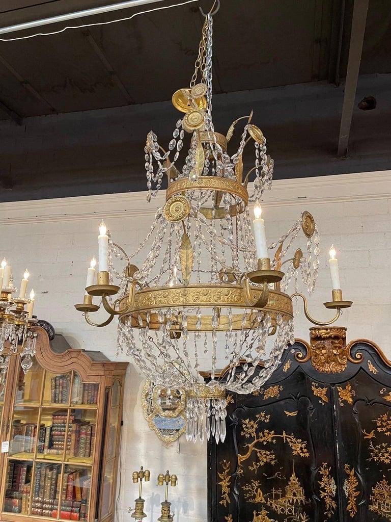 French 19th Century Gilt Brass & Crystal Chandelier - Fireside Antiques