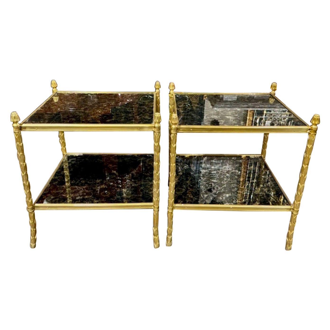 Pair of Jansen Manner Brass and Eglomise Glass Side Tables