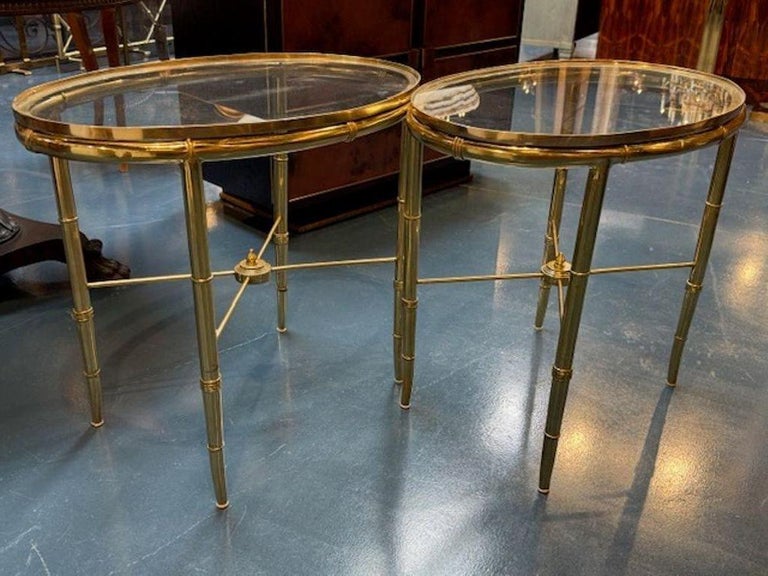 Pair of Jansen Style Brass Bamboo Form and Glass Side Tables - Image 2