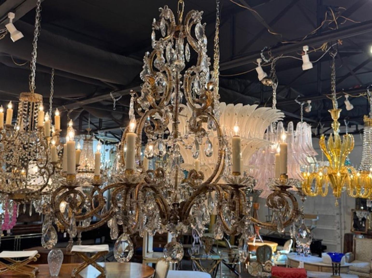 Vintage French Maison Bagues Gilt Iron and Crystal Chandelier - Image 2