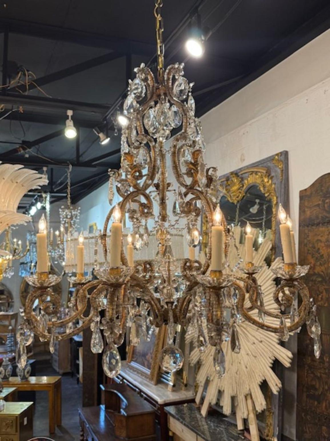 Vintage French Maison Bagues Gilt Iron and Crystal Chandelier - Image 3