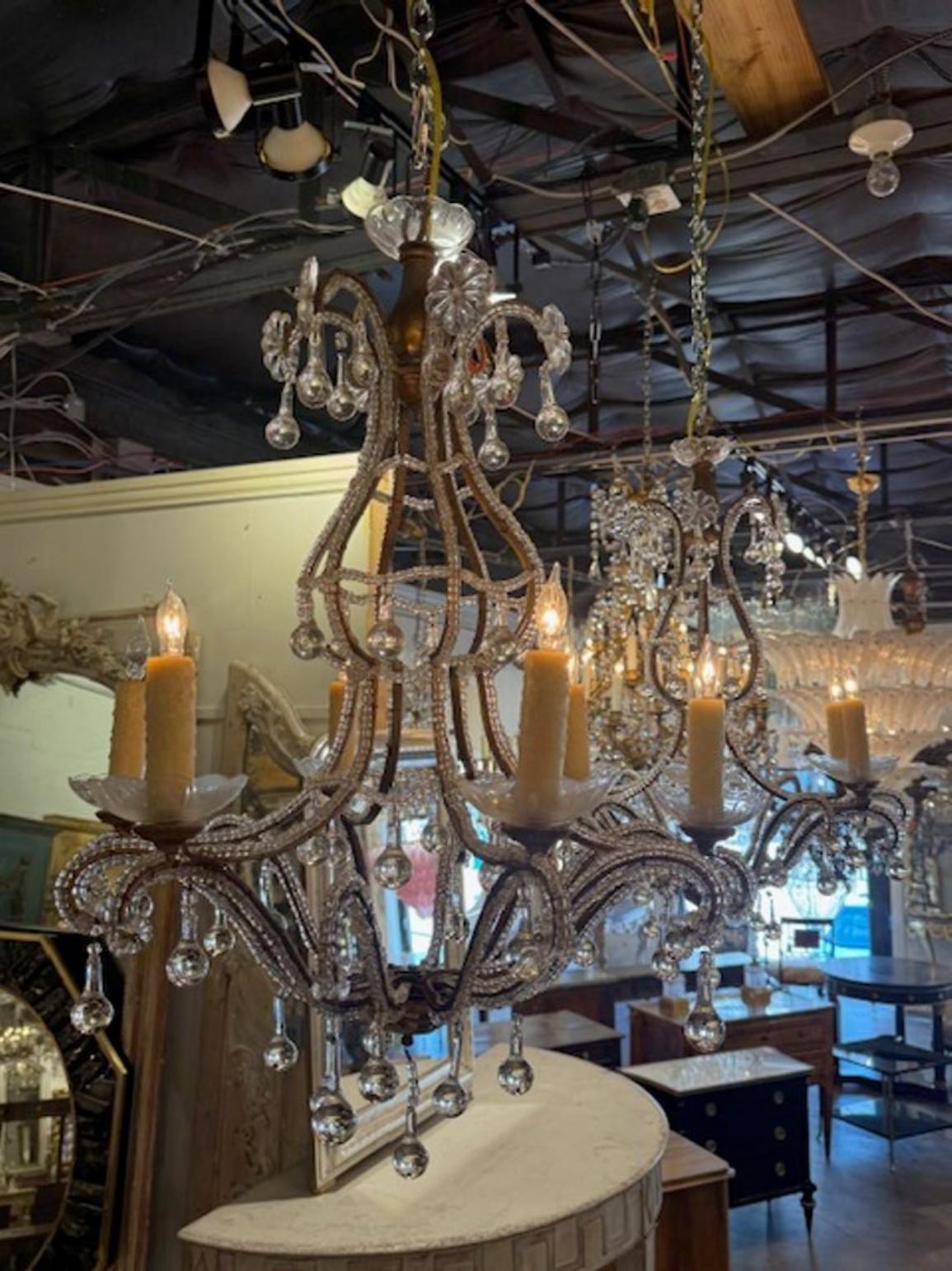 Pair of Vintage Italian Beaded 6 Arm Chandeliers - Image 3