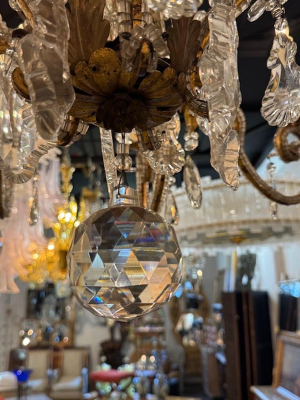 Vintage French Maison Bagues Gilt Iron and Crystal Chandelier - Image 5