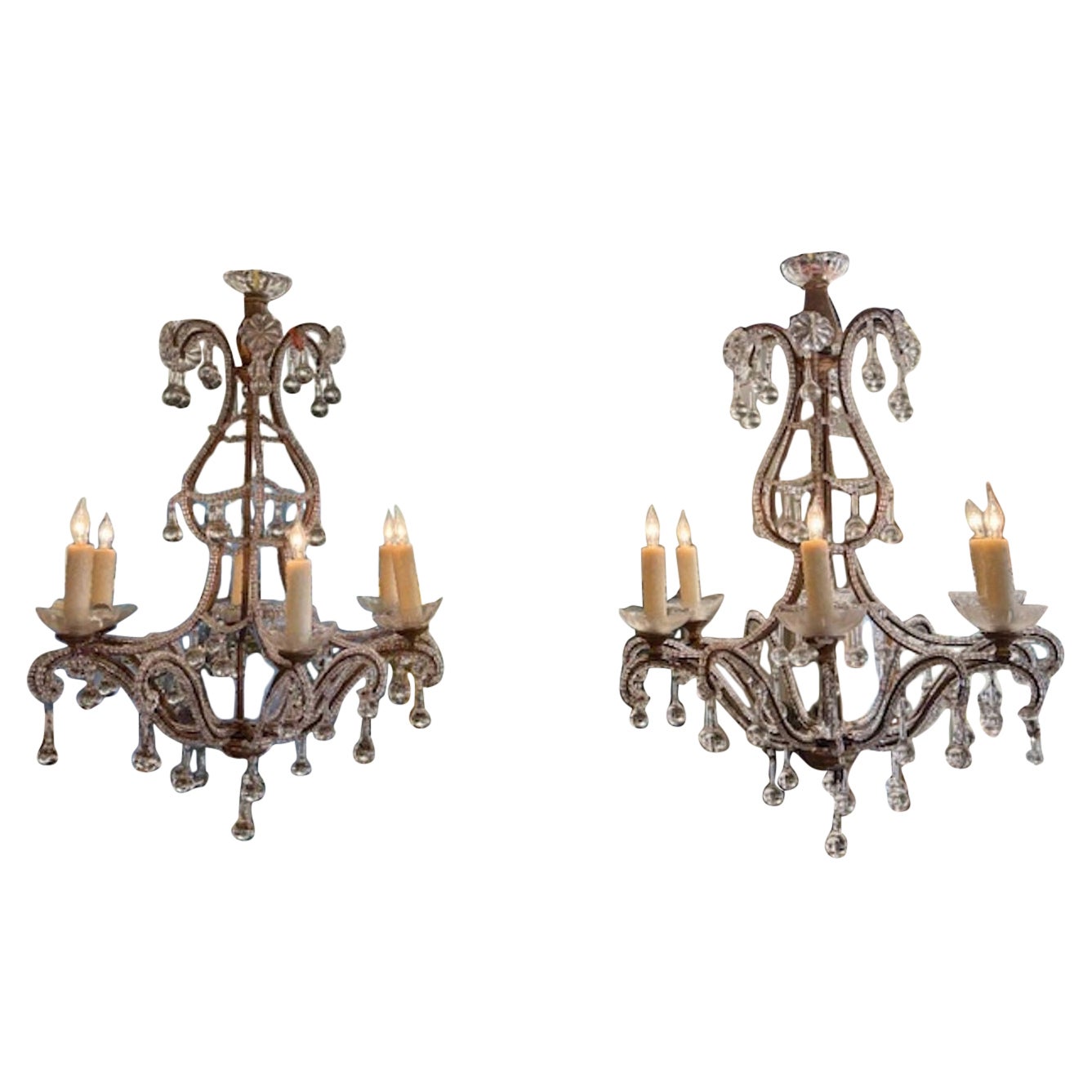 Pair of Vintage Italian Beaded 6 Arm Chandeliers