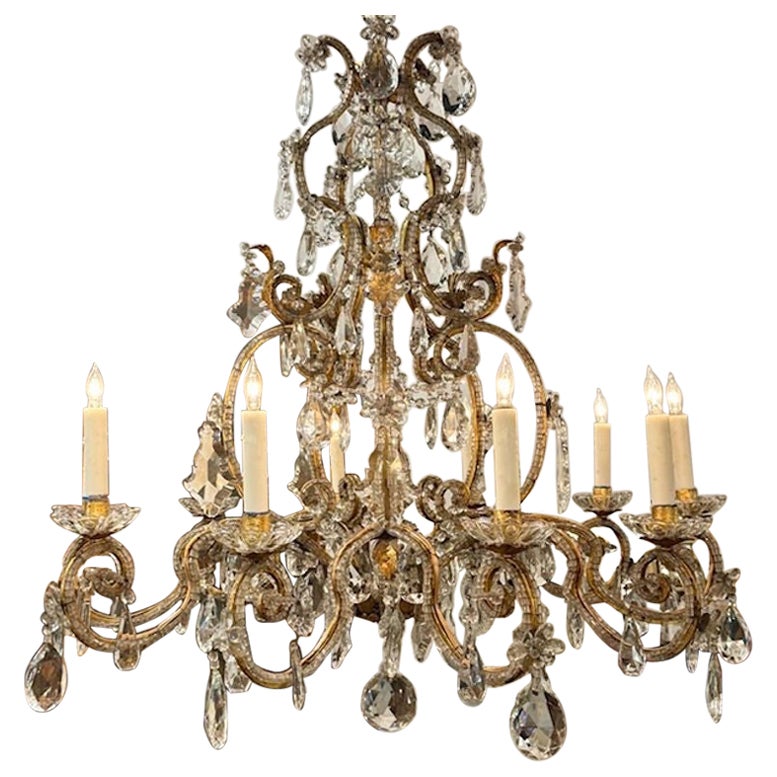 Vintage French Maison Bagues Gilt Iron and Crystal Chandelier