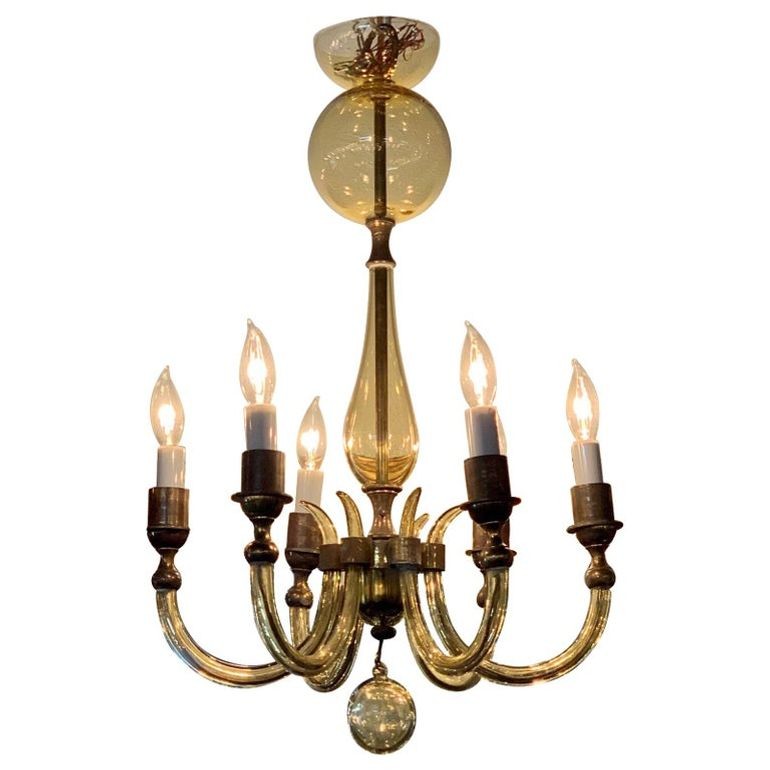 Vintage Italian Murano Glass and Brass 6-Light Chandelier