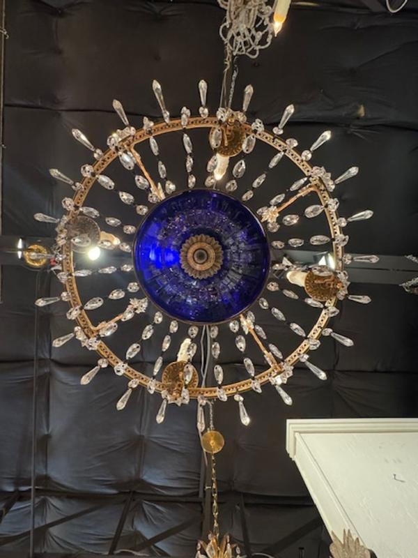 19th Century French Gilt Bronze and Crystal Chandeliers with Cobalt Glass - Image 3