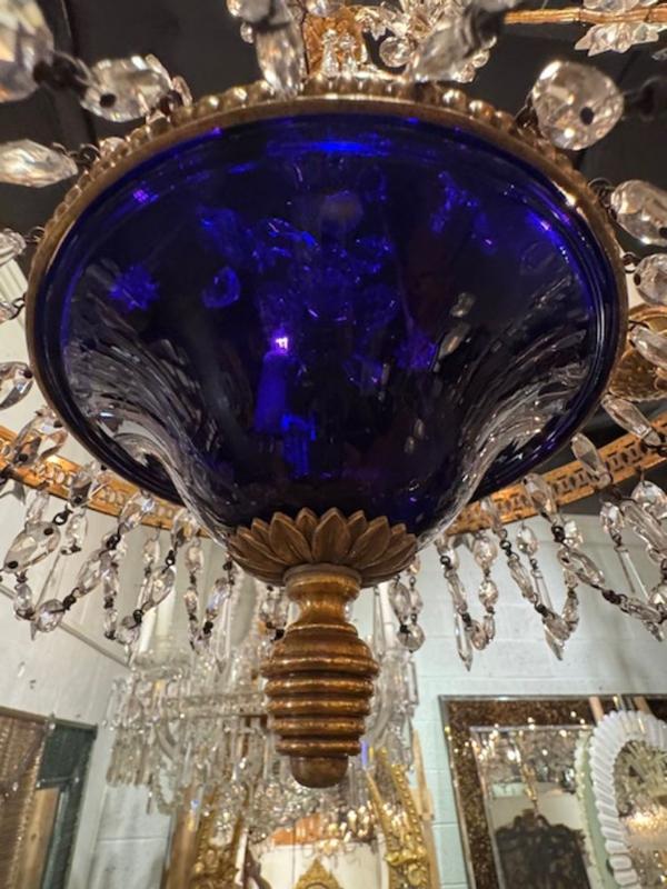 19th Century French Gilt Bronze and Crystal Chandeliers with Cobalt Glass - Image 5