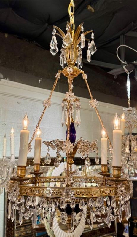 19th Century French Gilt Bronze and Crystal Chandeliers with Cobalt Glass - Image 7