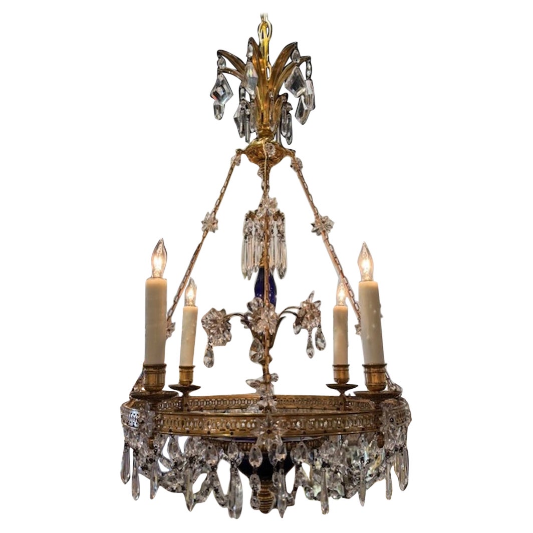 19th Century French Gilt Bronze and Crystal Chandeliers with Cobalt Glass