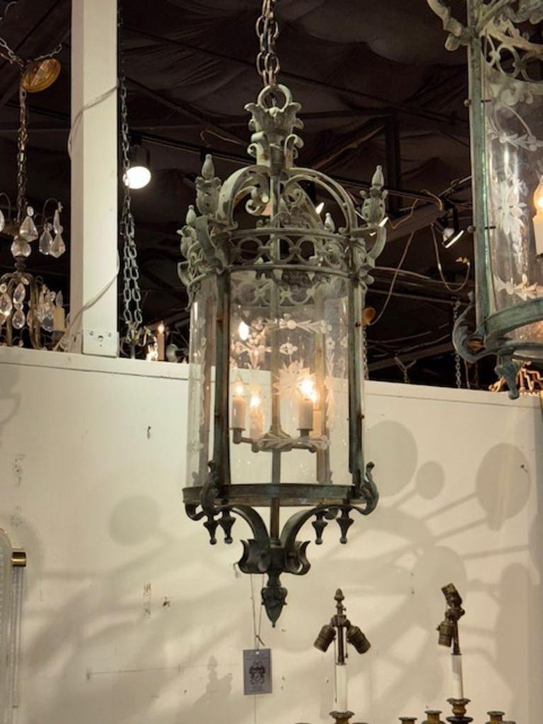 Antique English Patinated Iron Lantern with Etched Glass - Image 2