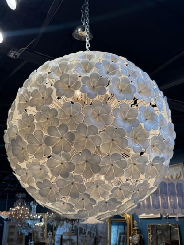 Large Scale White Murano Glass Hibiscus Flower Globe Chandelier - Image 2