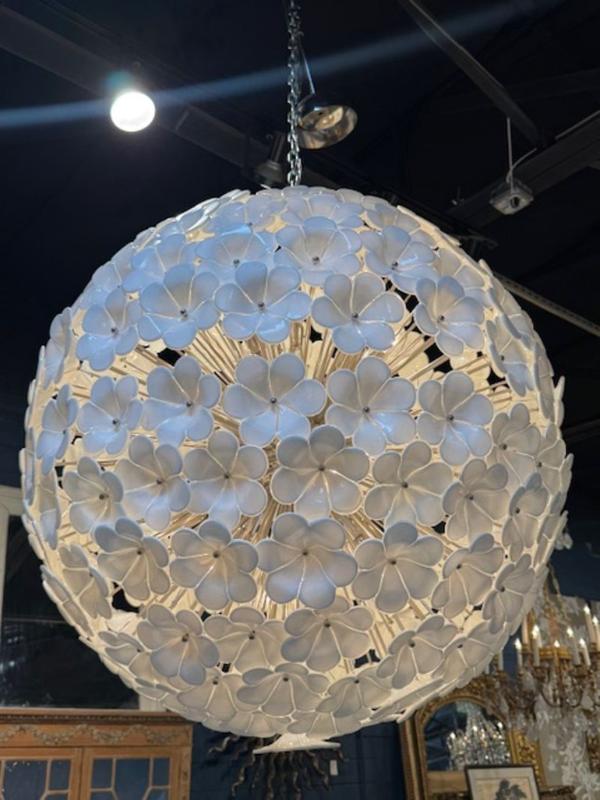 Large Scale White Murano Glass Hibiscus Flower Globe Chandelier - Image 3