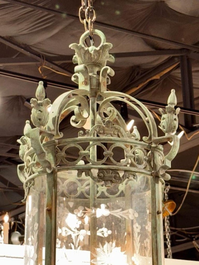 Antique English Patinated Iron Lantern with Etched Glass - Image 4