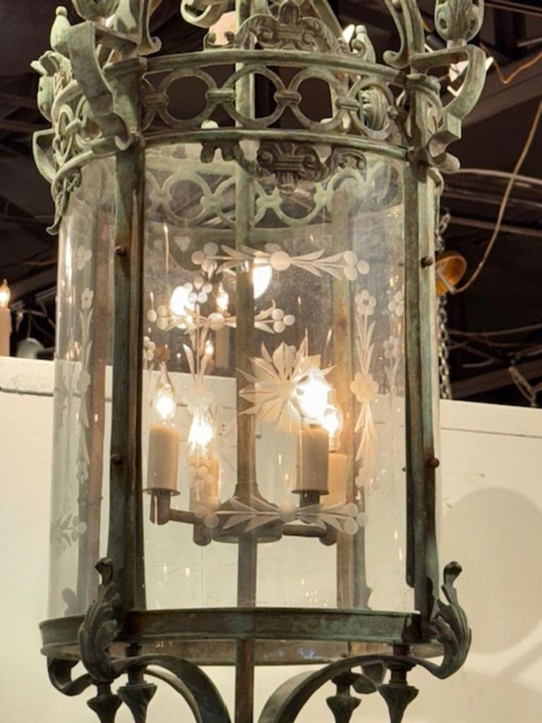 Antique English Patinated Iron Lantern with Etched Glass - Image 5