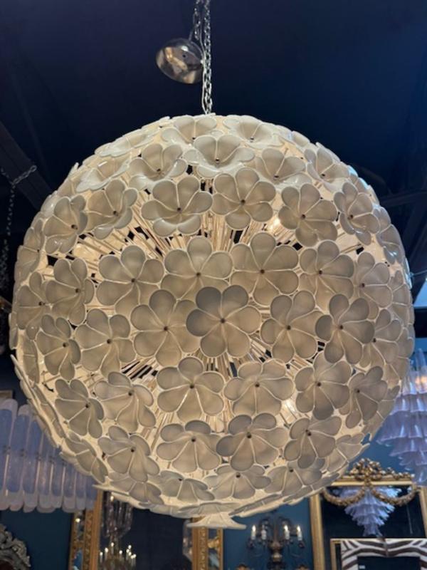 Large Scale White Murano Glass Hibiscus Flower Globe Chandelier - Image 6