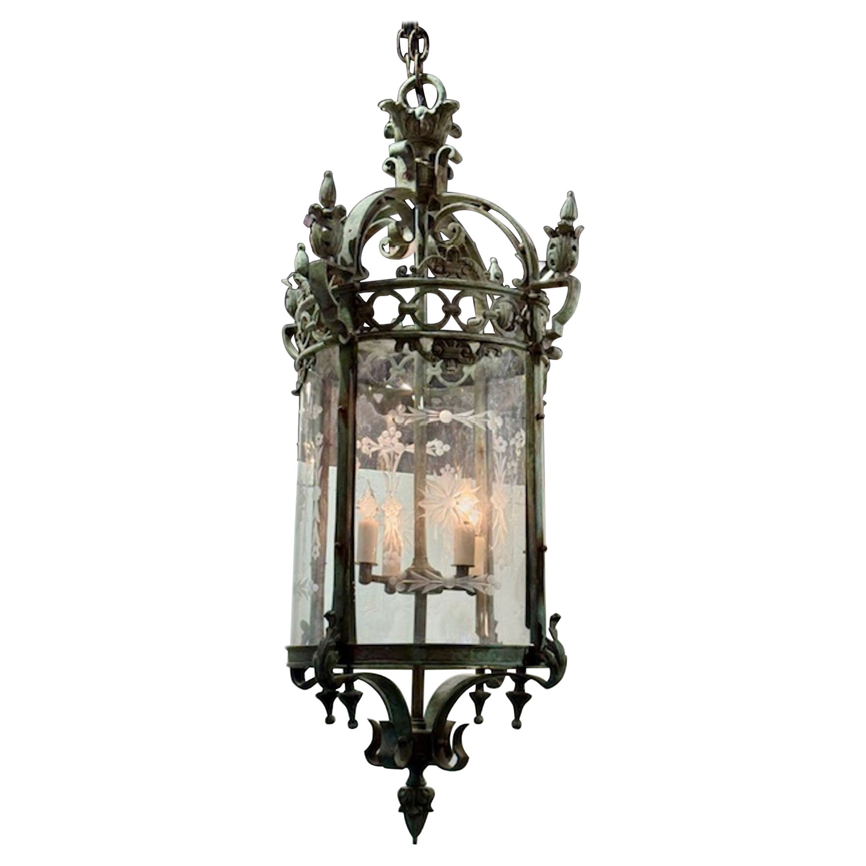 Antique English Patinated Iron Lantern with Etched Glass