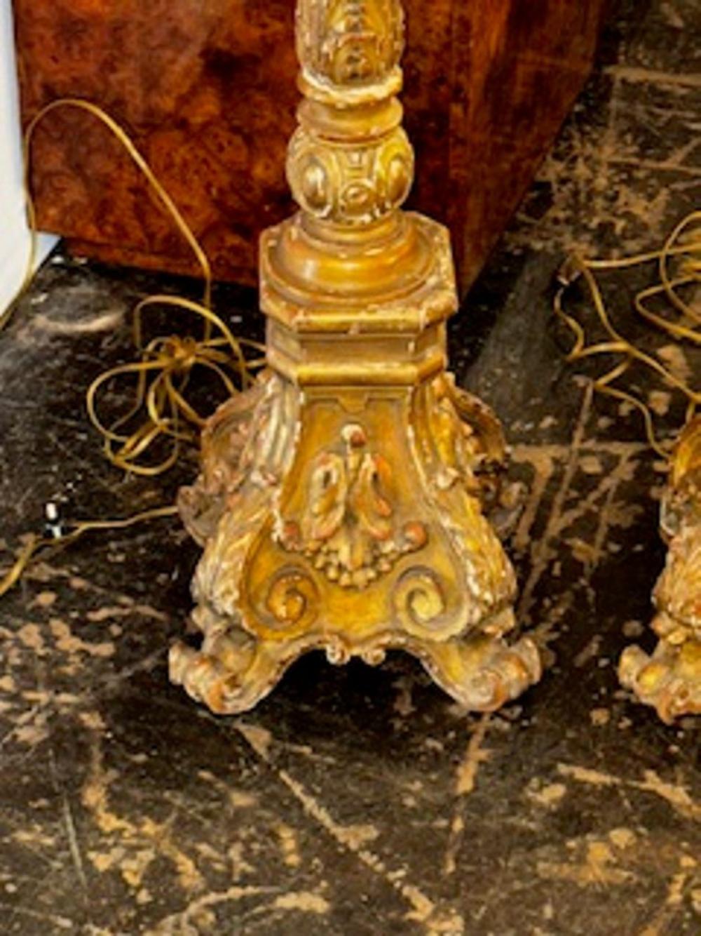 Pair of 19th c. Italian Giltwood Torchieres Floor Lamps - Image 2