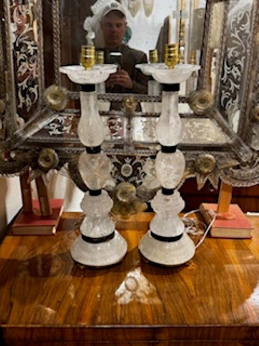 Pair of French Rock Crystal and Black Steel Lamps - Image 6