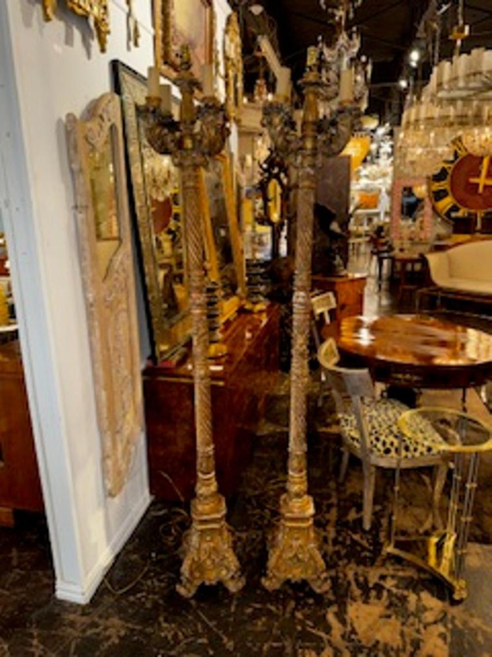 Pair of 19th c. Italian Giltwood Torchieres Floor Lamps - Image 7