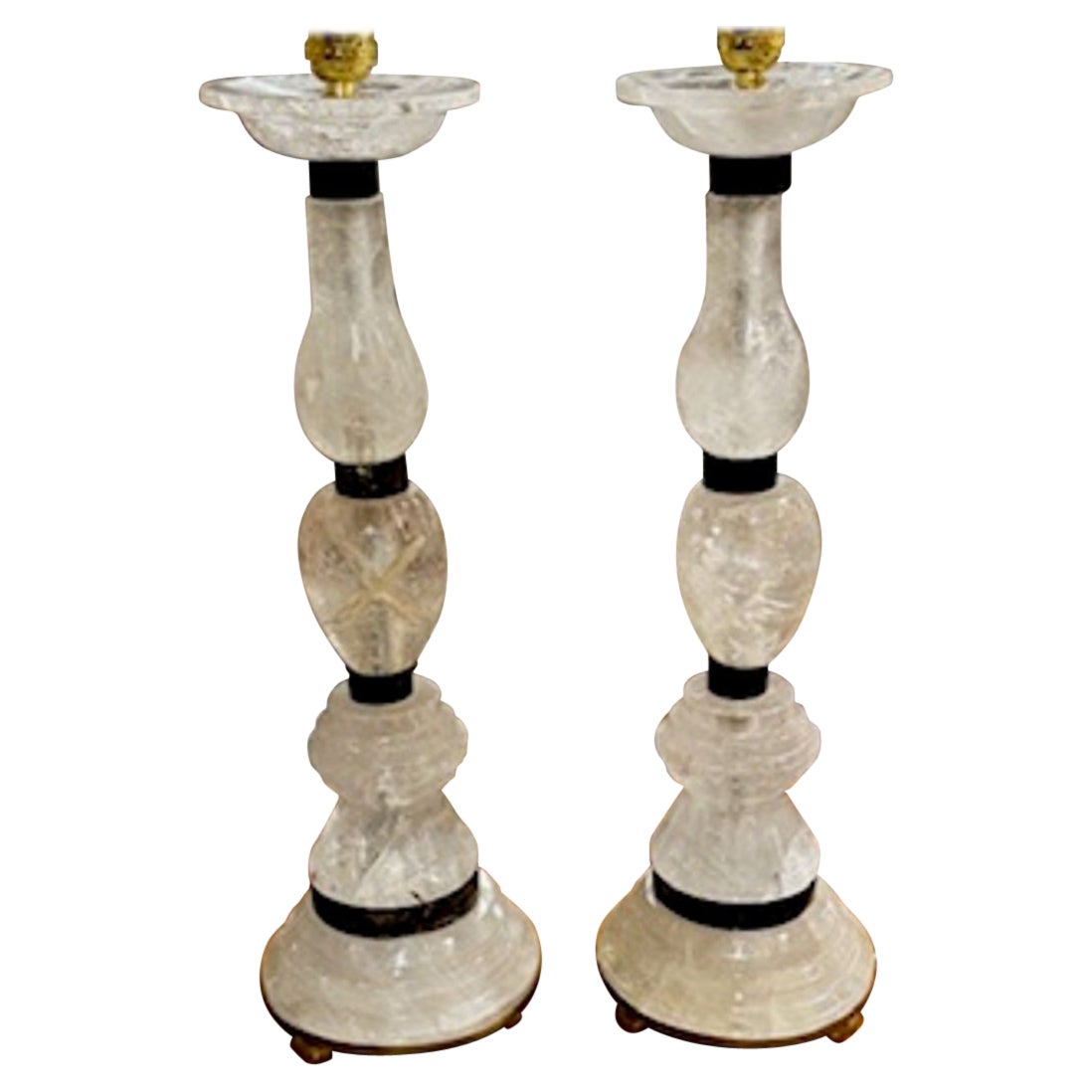Pair of French Rock Crystal and Black Steel Lamps