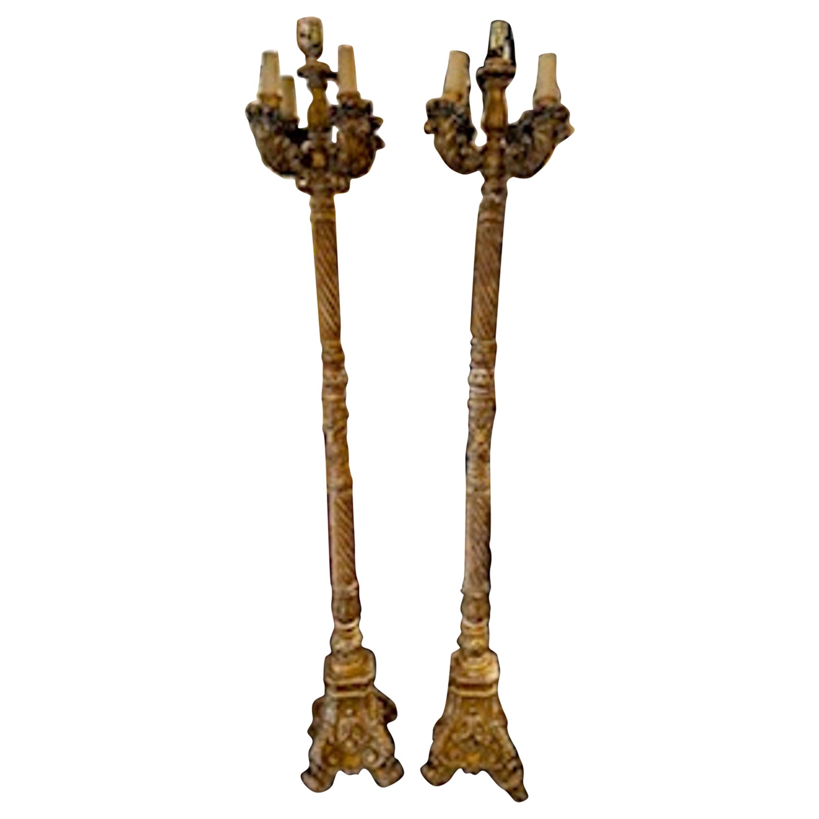 Pair of 19th c. Italian Giltwood Torchieres Floor Lamps