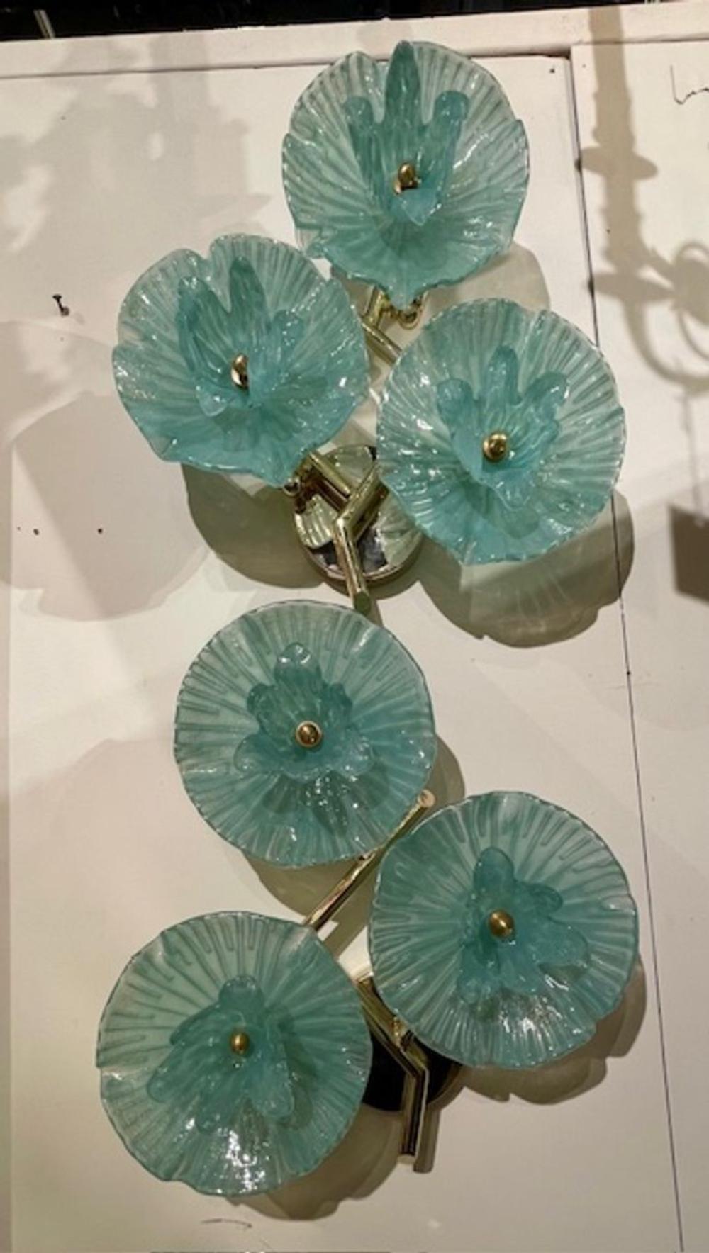 Pair of Murano Green Flower Disc Sconces - Image 2