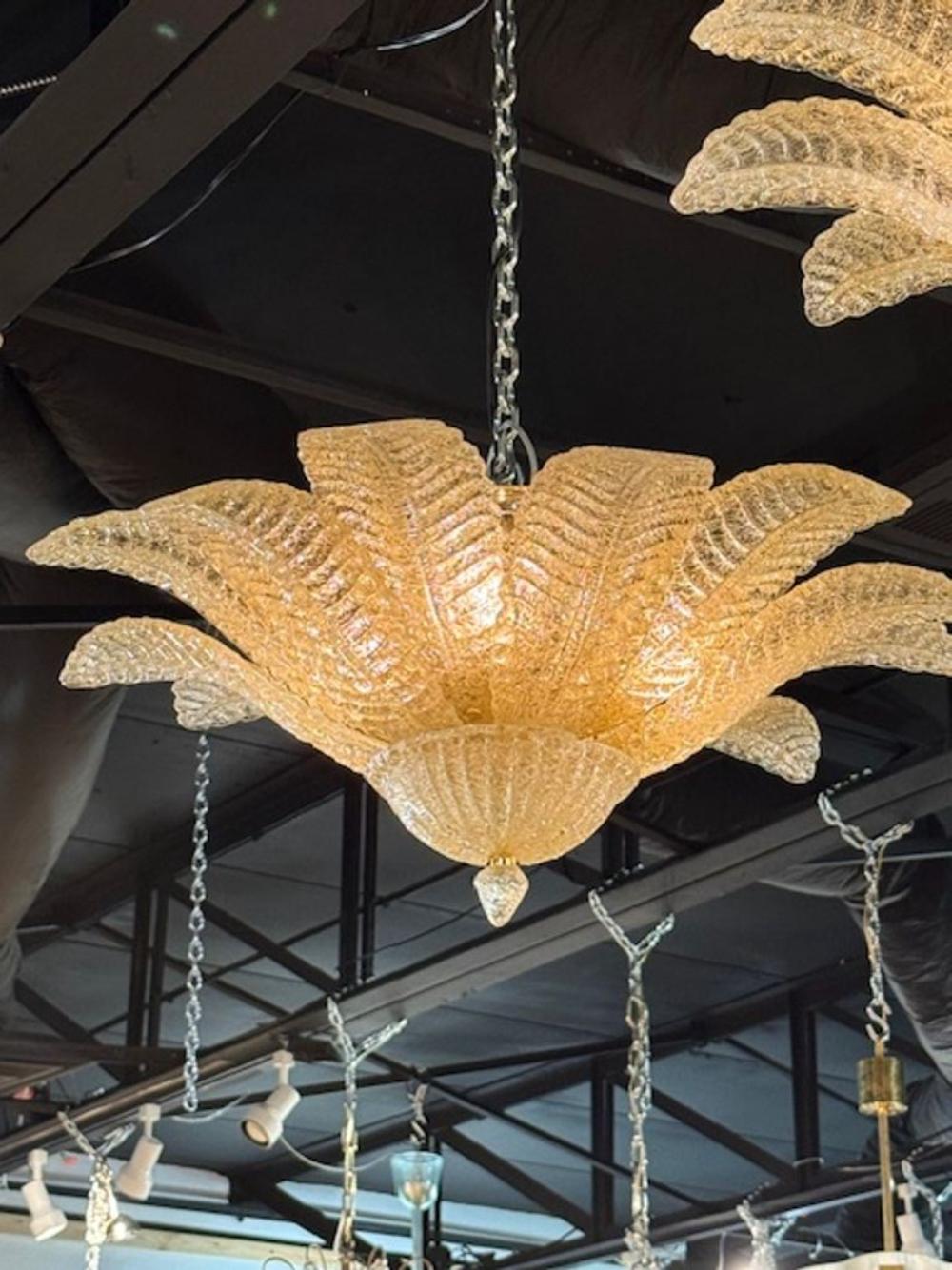 Pair of Murano Amber Granola Palm Leaf Flush Mount Chandeliers - Image 2