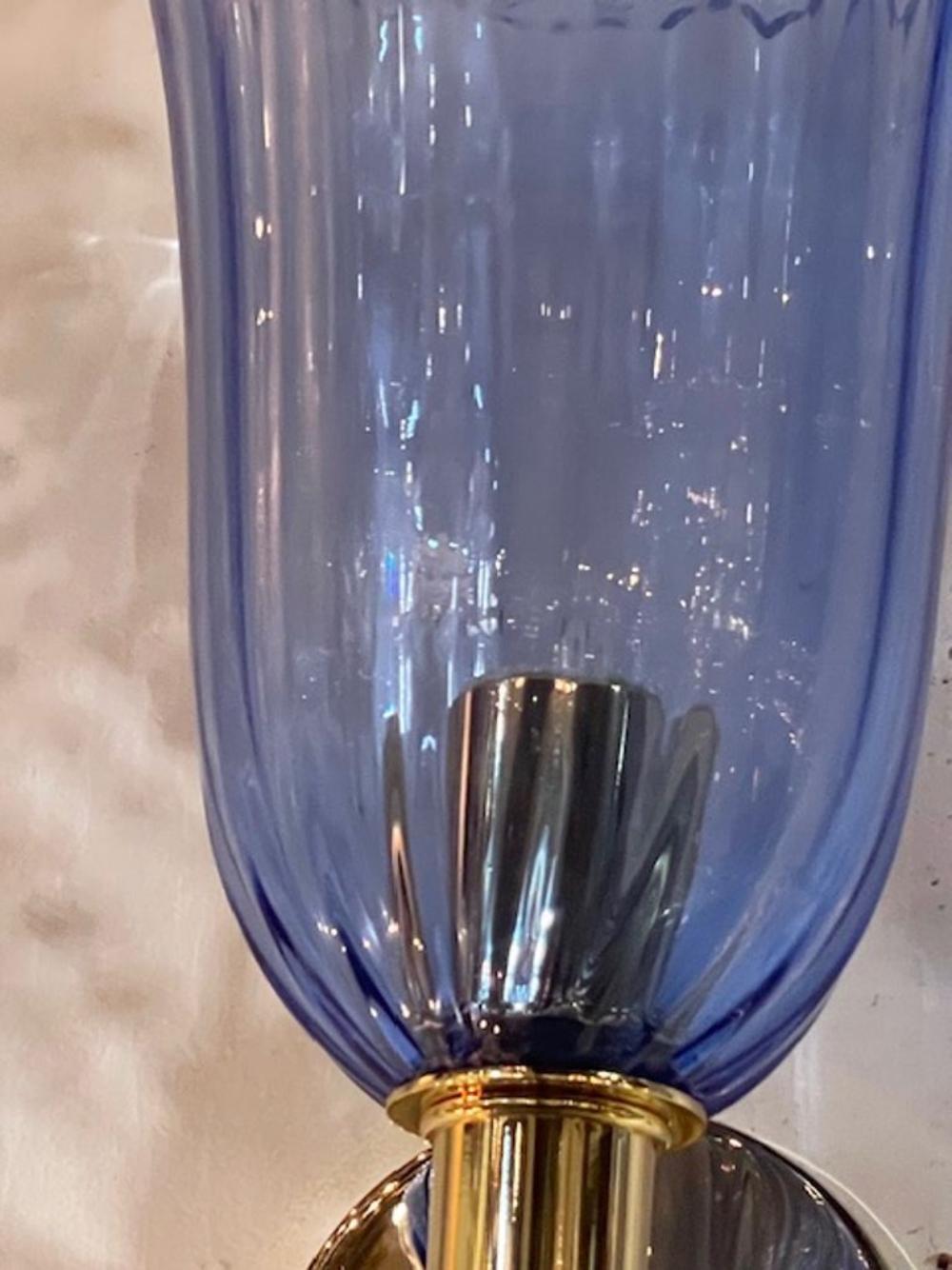 Pair of Murano Blue Glass and Brass Sconces - Image 3
