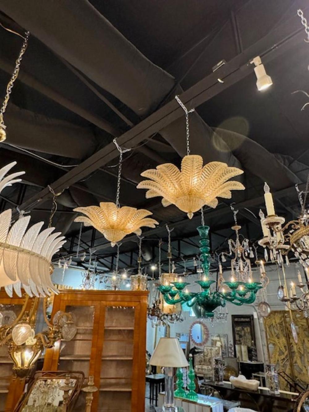 Pair of Murano Amber Granola Palm Leaf Flush Mount Chandeliers - Image 4