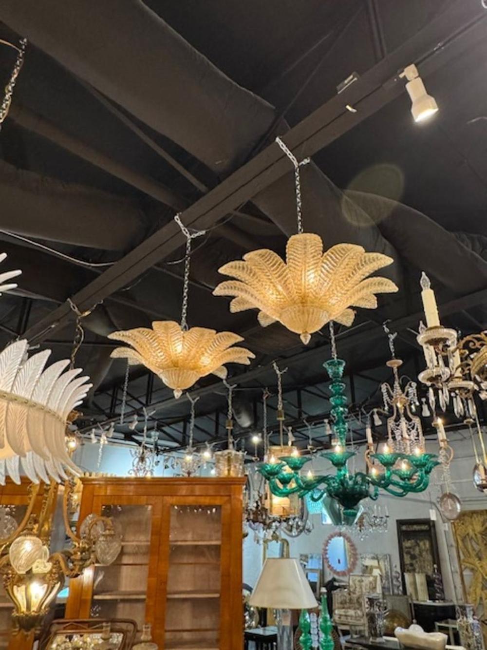 Pair of Murano Amber Granola Palm Leaf Flush Mount Chandeliers - Image 5