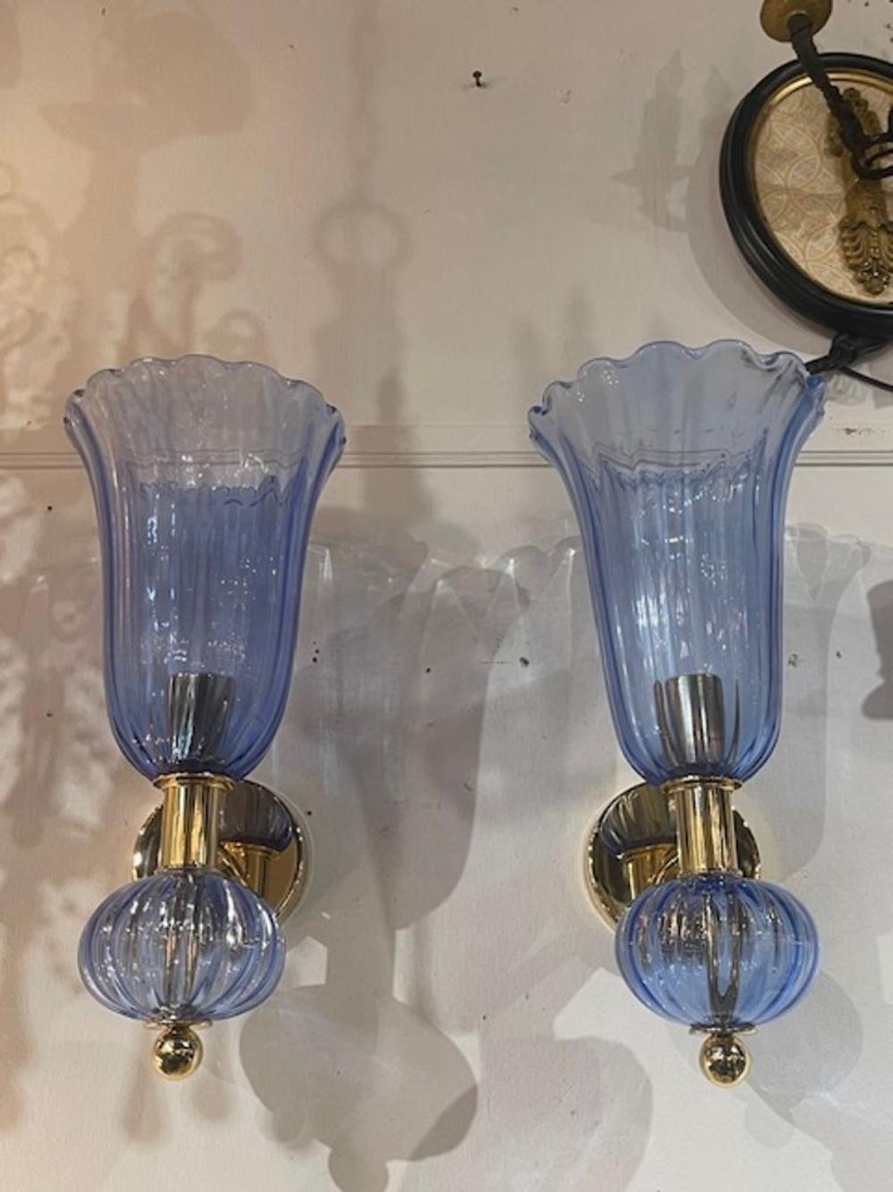 Pair of Murano Blue Glass and Brass Sconces - Image 7