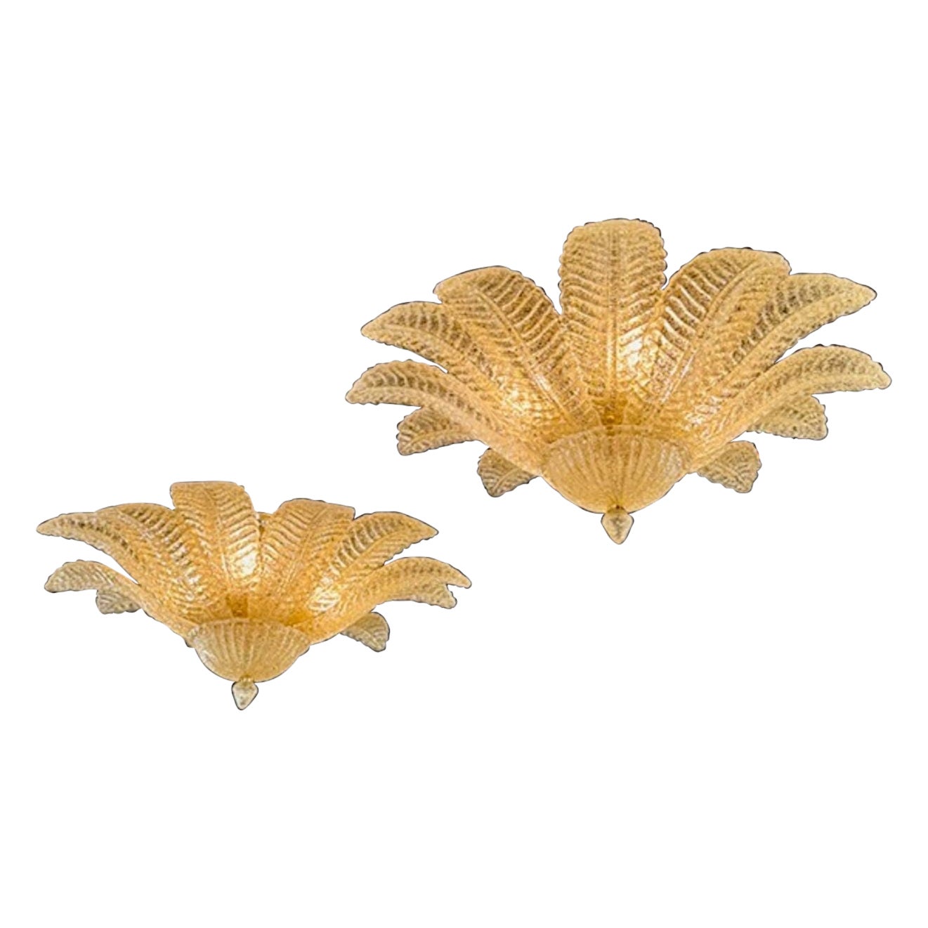 Pair of Murano Amber Granola Palm Leaf Flush Mount Chandeliers