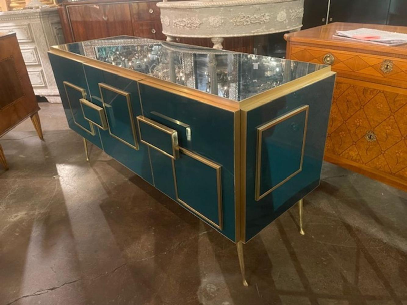 Modern Murano Glass and Brass Cabinet in Peacock Plume Green - Image 2
