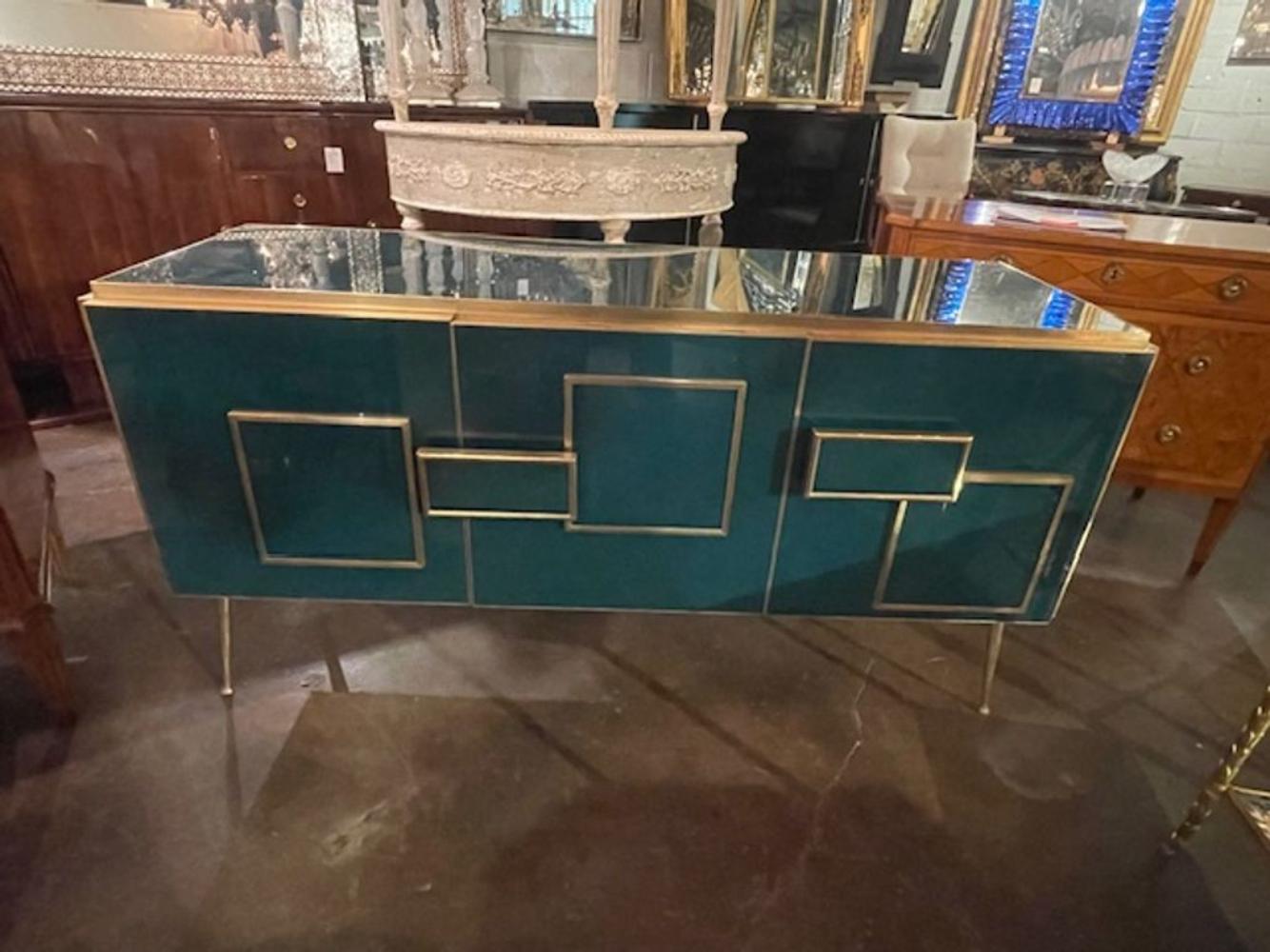 Modern Murano Glass and Brass Cabinet in Peacock Plume Green - Image 5