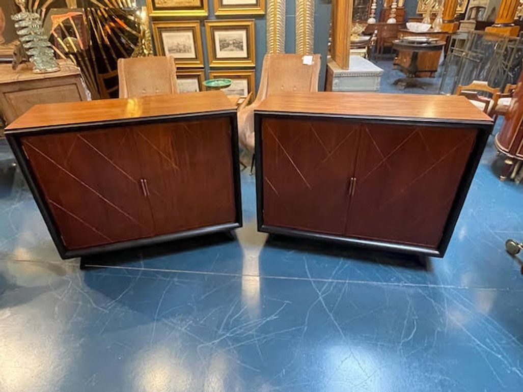 Pair of French MCM Brass Inlaid Mahogany and Ebony Side Cabinets - Image 6