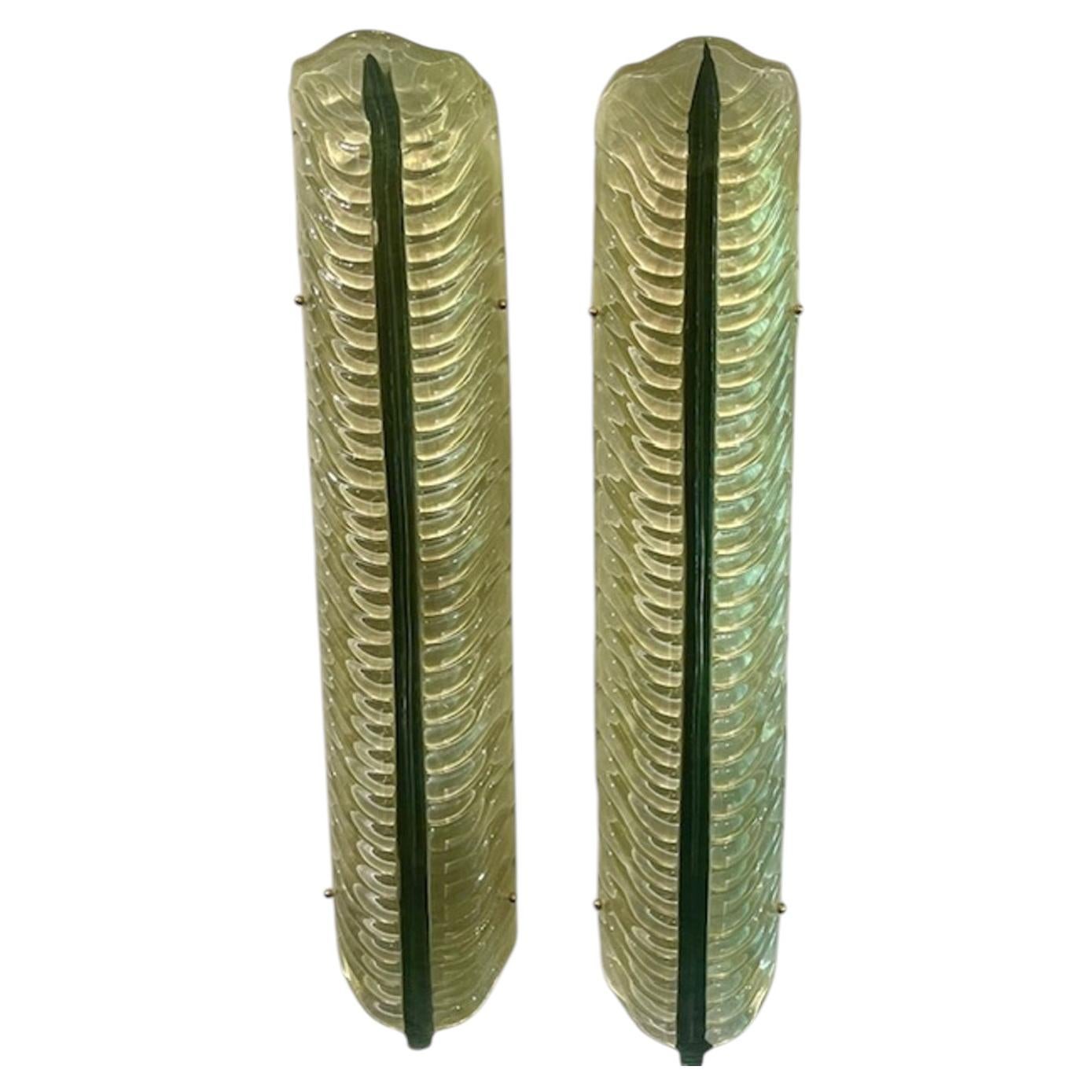 Pair of Modern Murano Large Green Leaf Sconces