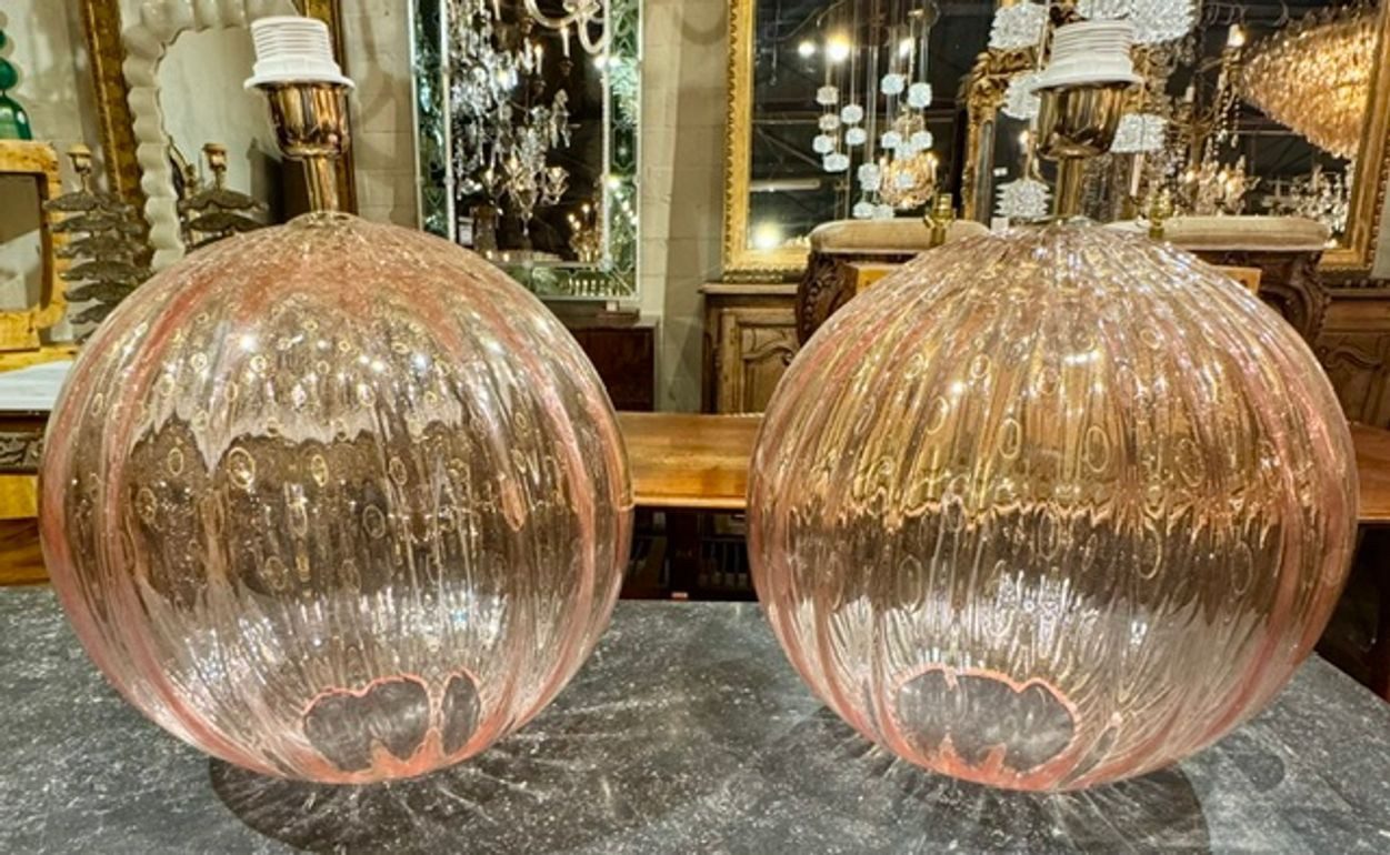 Pair of Large Scale Pink Murano Globe Lamps