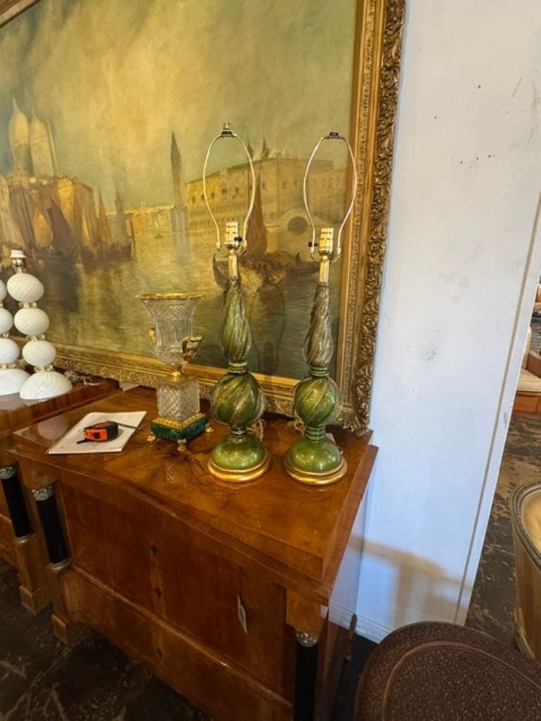 Pair of Vintage Murano Green Glass Lamps - Image 2