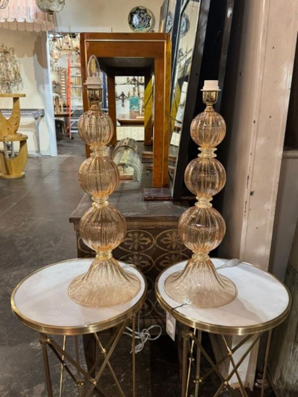 Pair of Large Scale Murano Peach and Gold Ball Form Lamps - Image 2