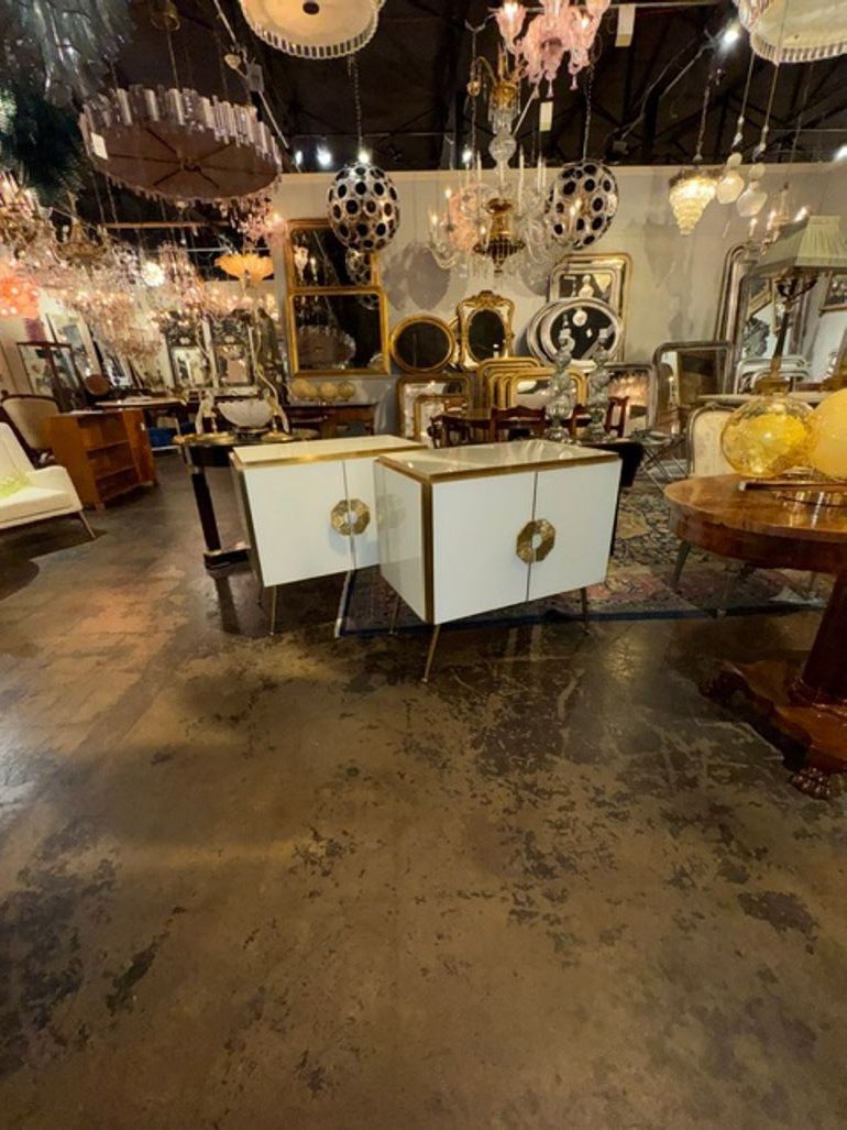 Pair of Murano White Glass and Brass Side Tables - Image 2