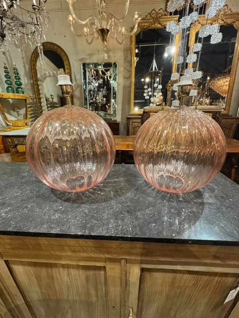 Pair of Large Scale Pink Murano Globe Lamps - Image 2