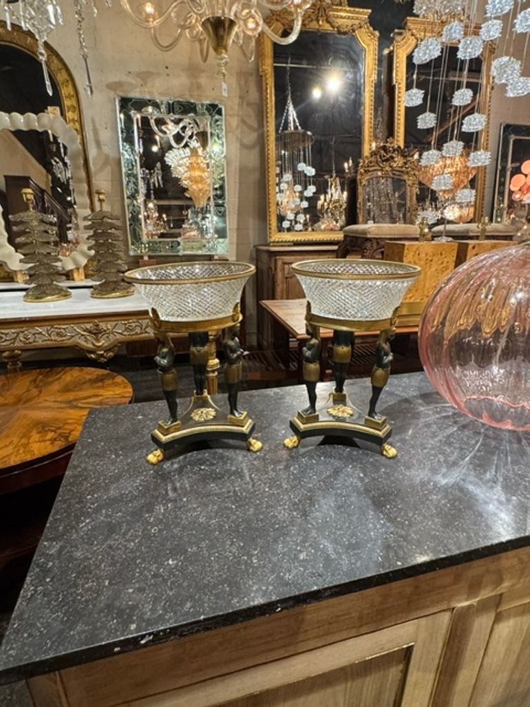 Fine Pair of 19th c. French Empire Bronze and Crystal Centerpieces - Image 2