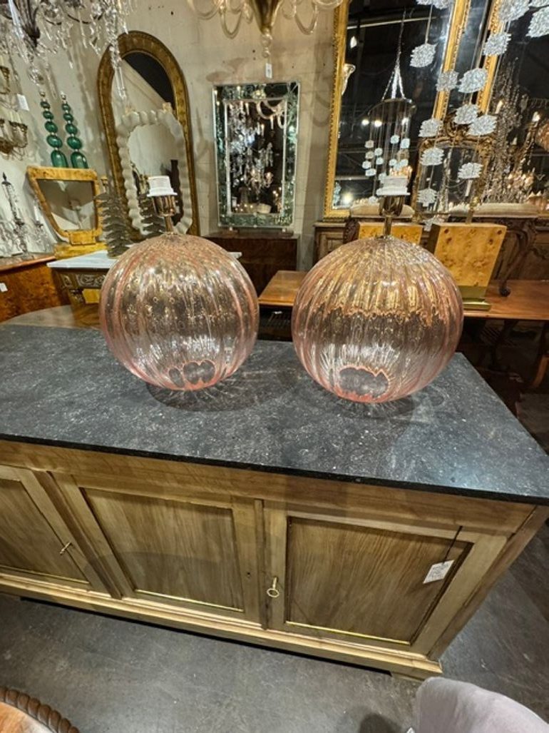 Pair of Large Scale Pink Murano Globe Lamps - Image 3