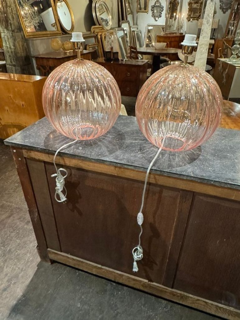 Pair of Large Scale Pink Murano Globe Lamps - Image 8