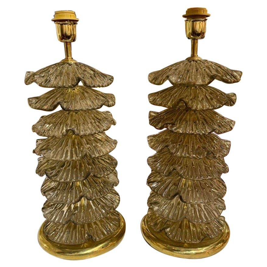 Pair of Murano Fume’ Glass “Ruffle” Lamps