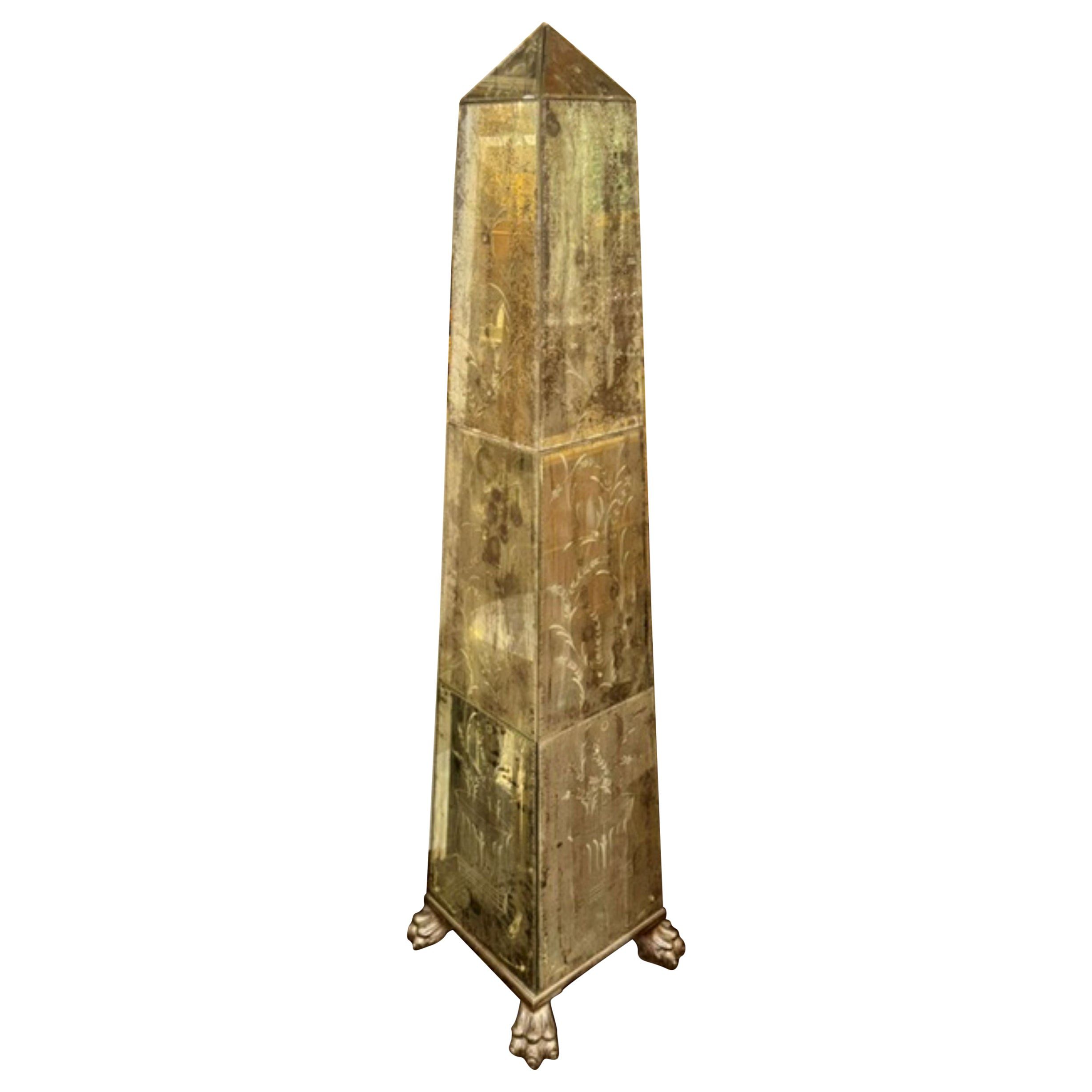 Large Vintage Italian Venetian Etched Glass Obelisk
