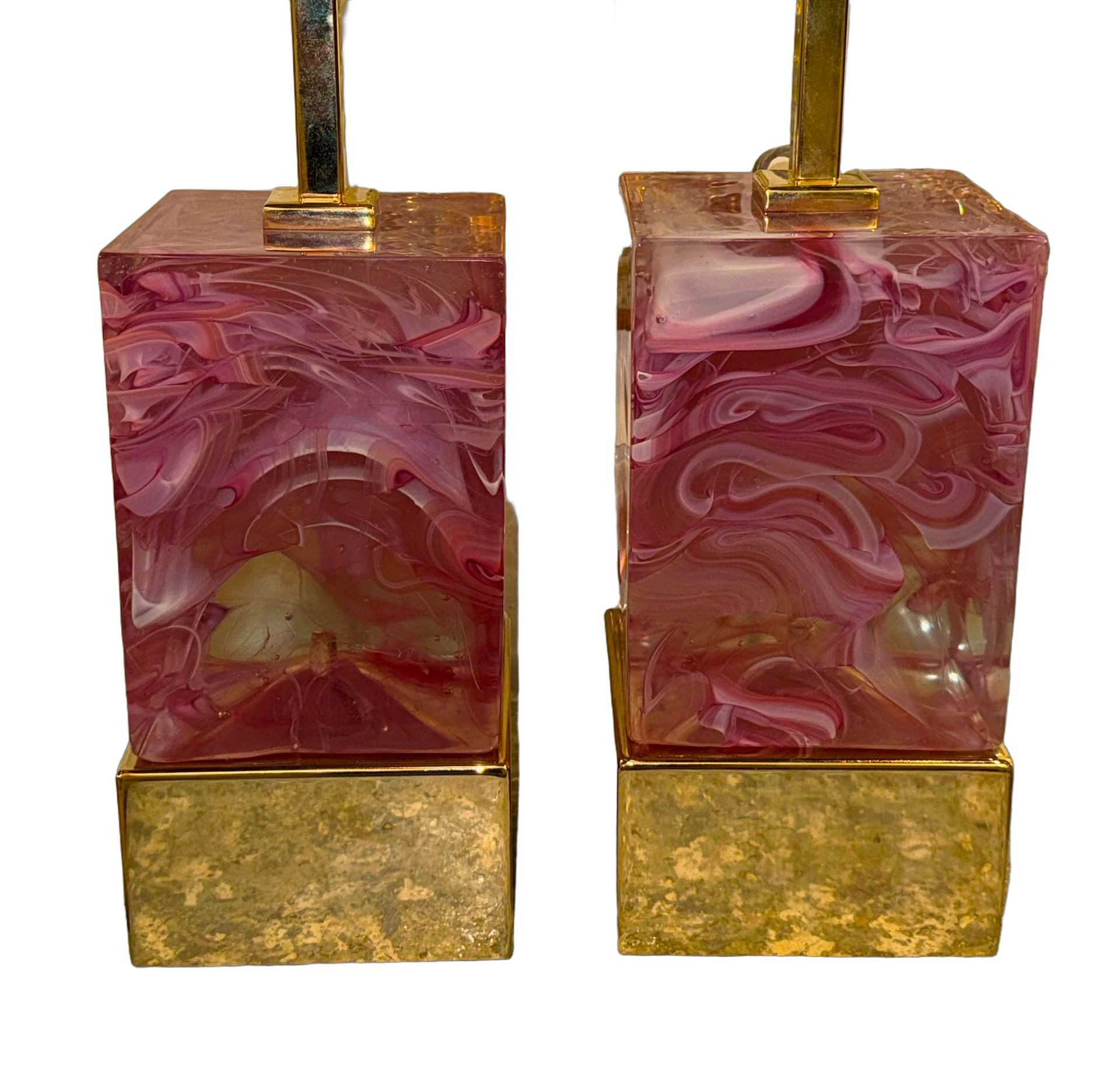 Pair of Modern Murano, Pink Glass and Brass Block Lamps