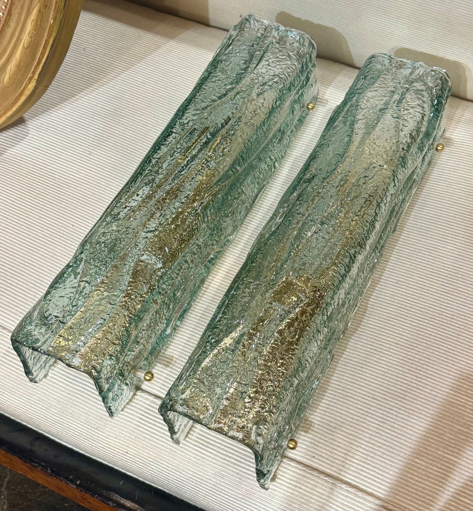 Pair of Murano Fontana Green Granola Glass Square Tube Sconces - Image 2