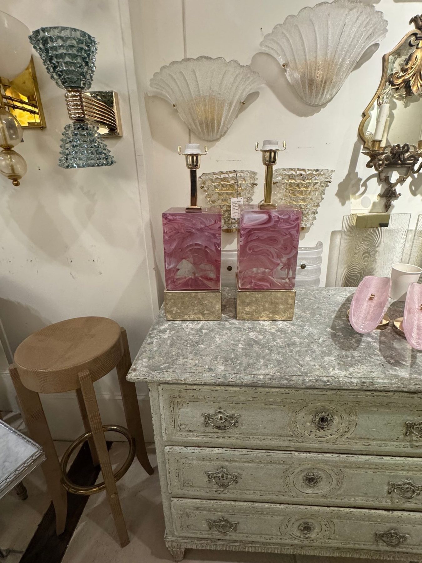 Pair of Modern Murano, Pink Glass and Brass Block Lamps - Image 2